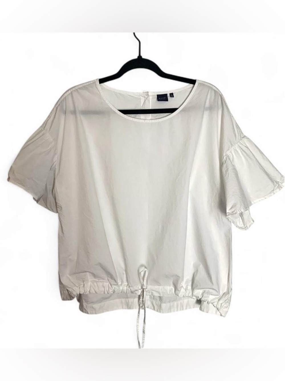 Kaari Blue White Ruffle Sleeve Drawstring Poplin Top - Size L